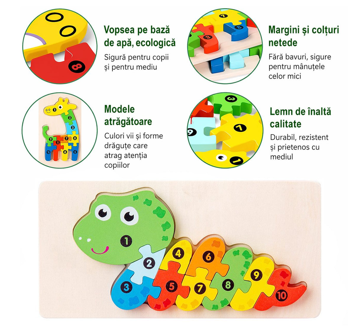 Puzzle din Lemn 3D Montessori, Flippy, Jucarie Educativa pentru Copii, 0-3 Ani, Vopsea Ecologica, Dezvolta Motricitatea Fina, Coordonarea, Logica, 11 Piese, Model Sarpe, Multicolor - vivimall.ro