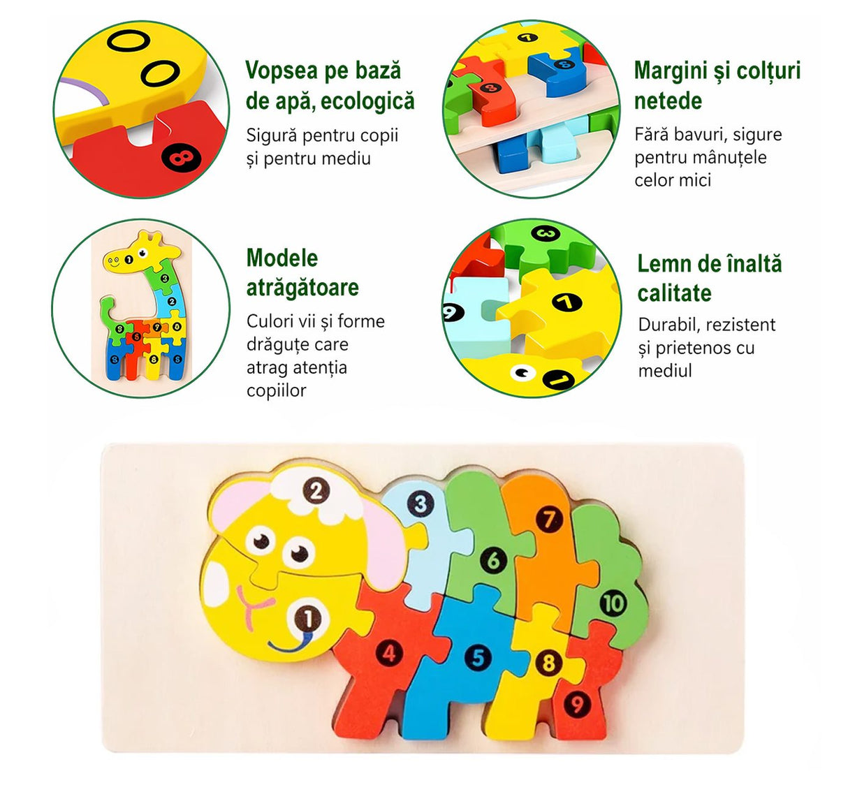 Puzzle din Lemn 3D Montessori, Flippy, Jucarie Educativa pentru Copii, 0-3 Ani, Vopsea Ecologica, Dezvolta Motricitatea Fina, Coordonarea, Logica, 11 Piese, Model Oaie, Multicolor - vivimall.ro