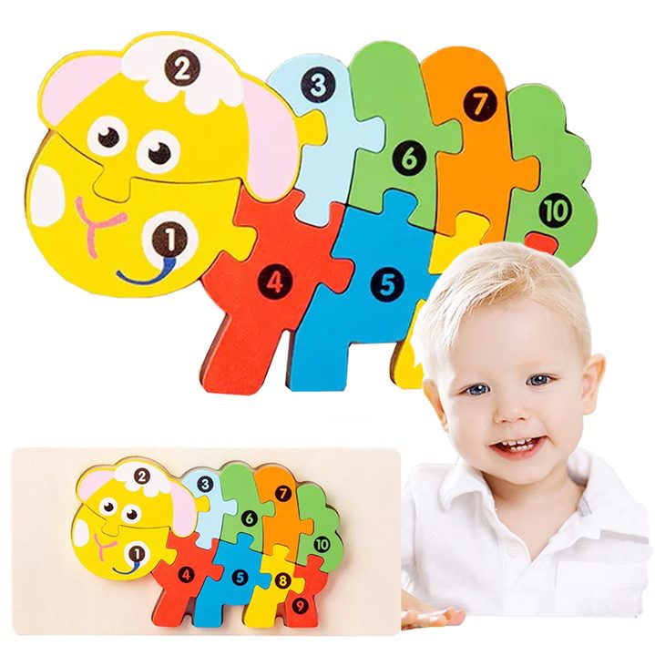 Puzzle din Lemn 3D Montessori, Flippy, Jucarie Educativa pentru Copii, 0-3 Ani, Vopsea Ecologica, Dezvolta Motricitatea Fina, Coordonarea, Logica, 11 Piese, Model Oaie, Multicolor - vivimall.ro