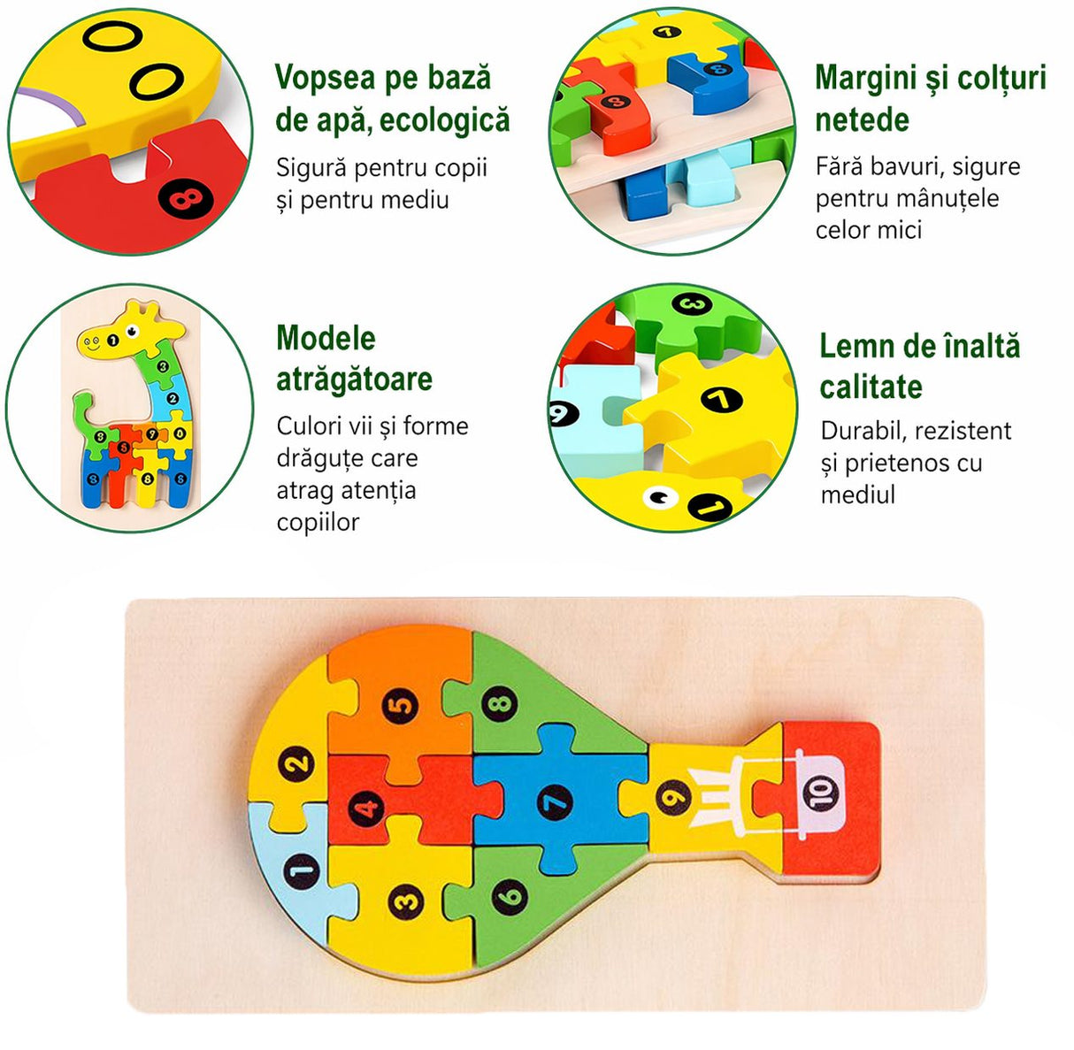 Puzzle din Lemn 3D Montessori, Flippy, Jucarie Educativa pentru Copii, 0-3 Ani, Vopsea Ecologica, Dezvolta Motricitatea Fina, Coordonarea, Logica, 11 Piese, Model Balon cu Aer Cald, Multicolor - vivimall.ro