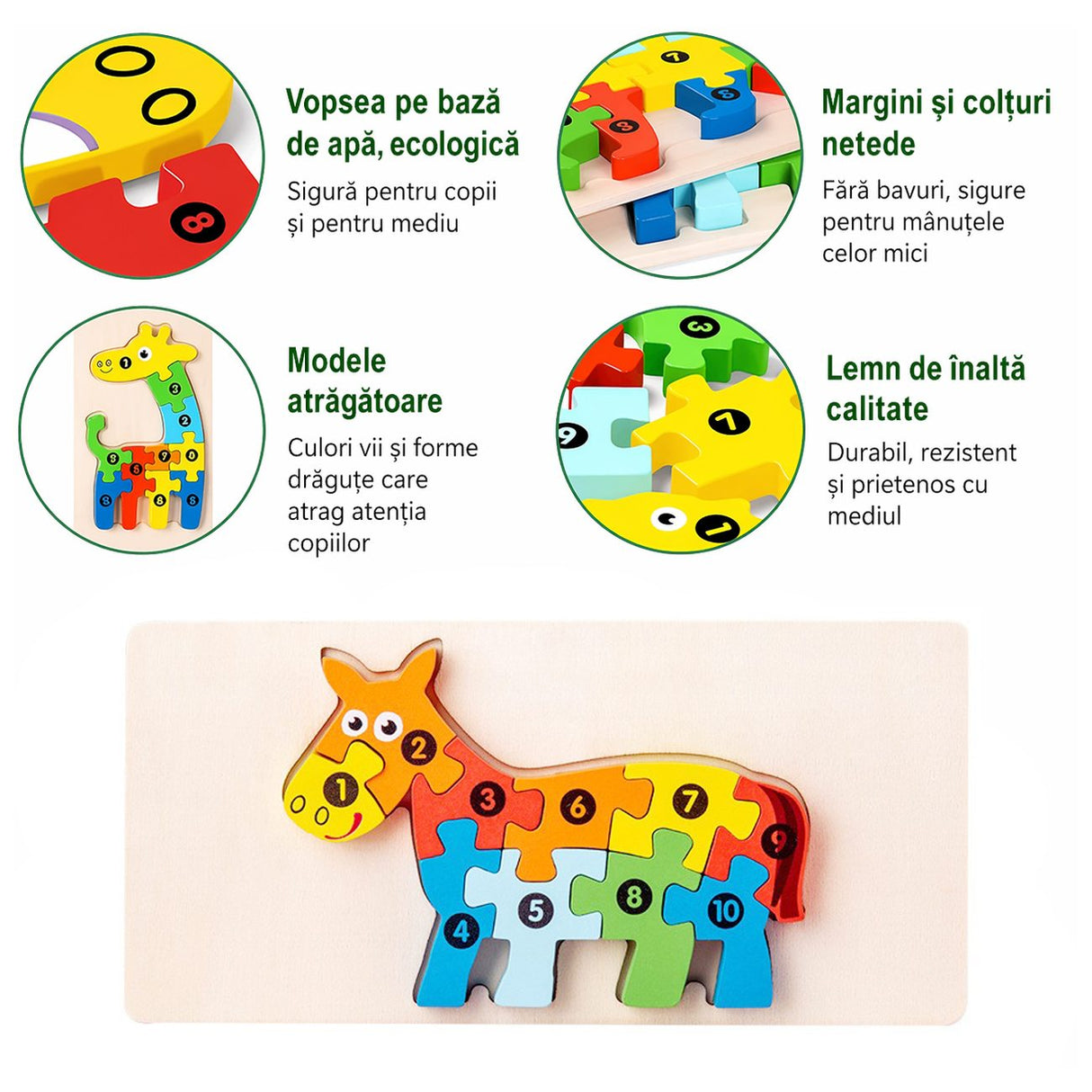 Puzzle din Lemn 3D Montessori, Flippy, Jucarie Educativa pentru Copii, 0-3 Ani, Vopsea Ecologica, Dezvolta Motricitatea Fina, Coordonarea, Logica, 11 Piese, Model Magarus, Multicolor - vivimall.ro