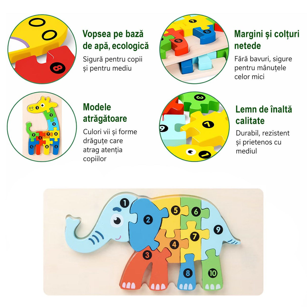 Puzzle din Lemn 3D Montessori, Flippy, Jucarie Educativa pentru Copii, 0-3 Ani, Vopsea Ecologica, Dezvolta Motricitatea Fina, Coordonarea, Logica, 11 Piese, Model Elefant, Multicolor - vivimall.ro