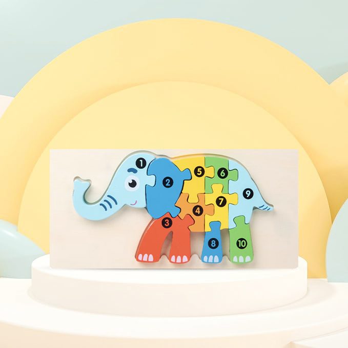 Puzzle din Lemn 3D Montessori, Flippy, Jucarie Educativa pentru Copii, 0-3 Ani, Vopsea Ecologica, Dezvolta Motricitatea Fina, Coordonarea, Logica, 11 Piese, Model Elefant, Multicolor - vivimall.ro