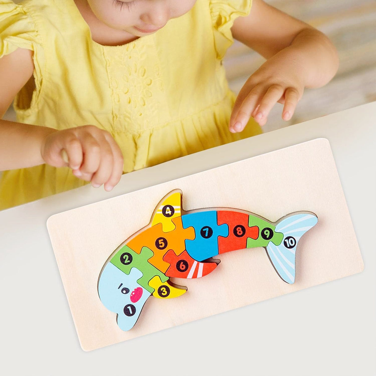 Puzzle din Lemn 3D Montessori, Flippy, Jucarie Educativa pentru Copii, 0-3 Ani, Vopsea Ecologica, Dezvolta Motricitatea Fina, Coordonarea, Logica, 11 Piese, Model Delfin, Multicolor - vivimall.ro
