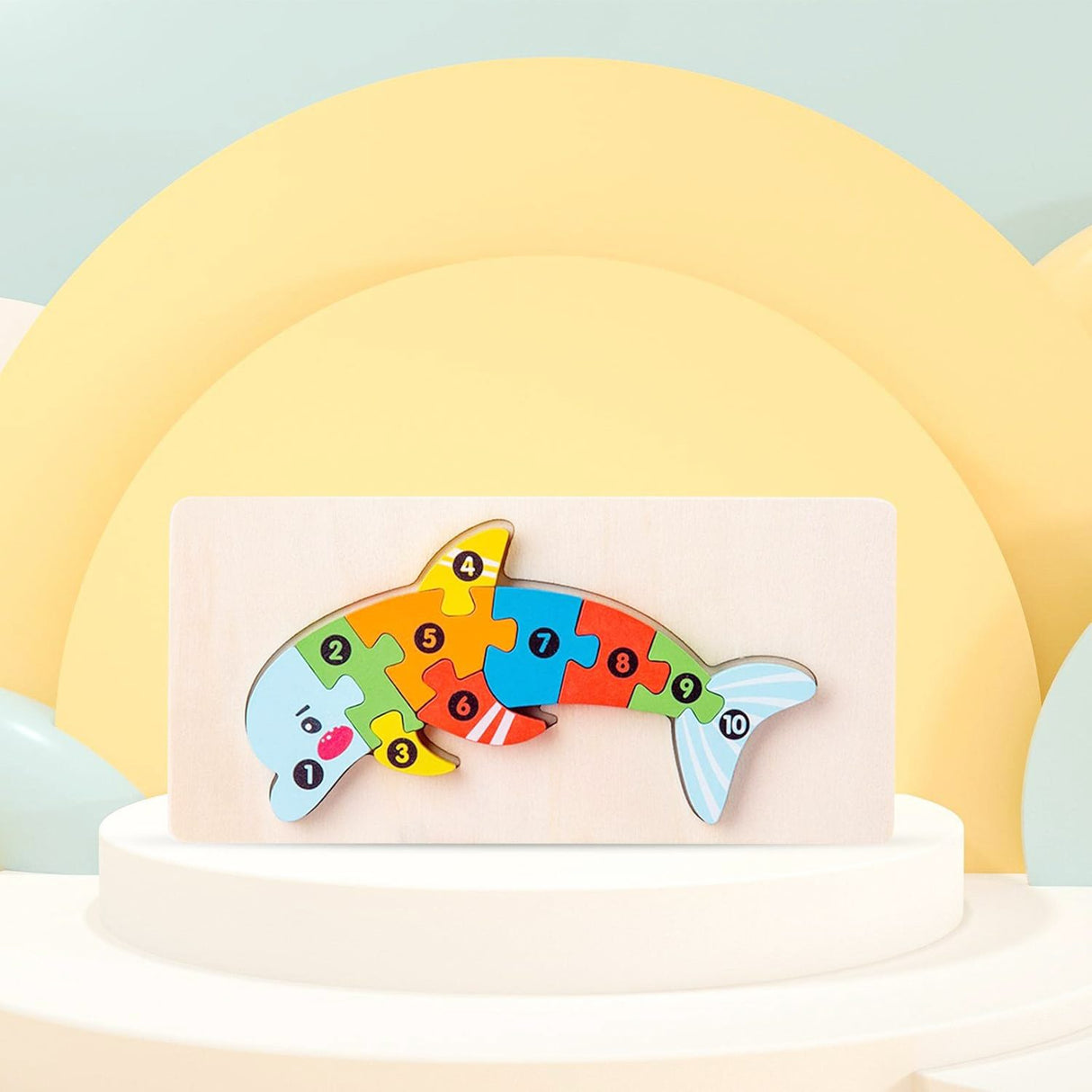 Puzzle din Lemn 3D Montessori, Flippy, Jucarie Educativa pentru Copii, 0-3 Ani, Vopsea Ecologica, Dezvolta Motricitatea Fina, Coordonarea, Logica, 11 Piese, Model Delfin, Multicolor - vivimall.ro