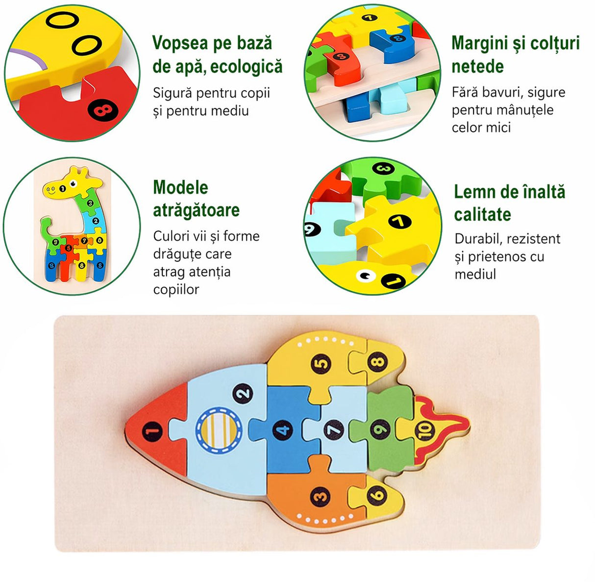Puzzle din Lemn 3D Montessori, Flippy, Jucarie Educativa pentru Copii, 0-3 Ani, Vopsea Ecologica, Dezvolta Motricitatea Fina, Coordonarea, Logica, 11 Piese, Model Racheta, Multicolor - vivimall.ro
