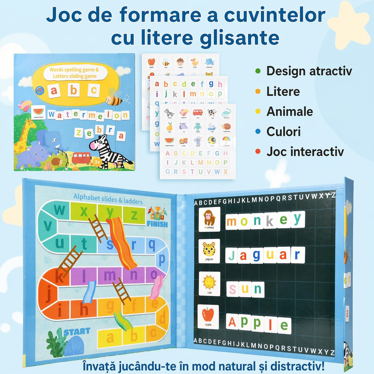 Joc Educativ Alfabet Englez, Flippy, Carte Magnetica Montessori, Recunoastere Litere si Formare Cuvinte, Copii 3+ Ani, 27x26.2x1.5 cm, Multicolor - vivimall.ro