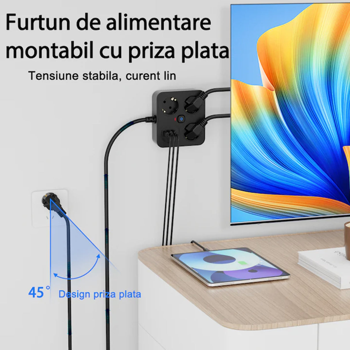 Porturi USB-A și USB-C ale prelungitorului Flippy 3250W, detaliu cip inteligent de încărcare