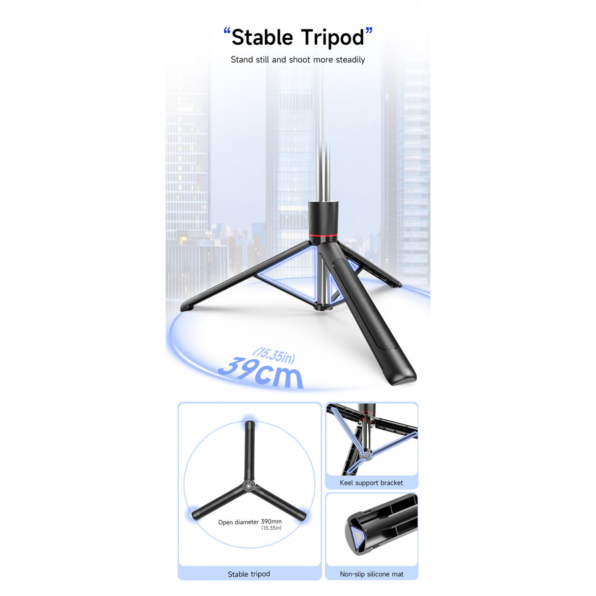 Trepied Selfie Stick, Flippy, Extensibil, Telecomanda Bluetooth Reincarcabila, Pentru Calatorii, Vlog Video si Fotografie, 30,6 x 7,6 x 3,5 cm, Negru - vivimall.ro