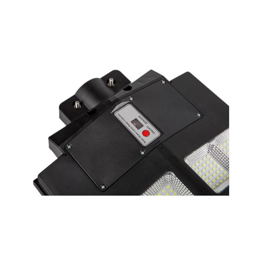 Lampa solara stradala Vivimall, cu telecomanda, senzor de miscare si lumina, suport prindere, 800 LED-uri, IP65, ABS, 25AH, 500W, temperatura culoare 6500K, 67.6x34.8x7.2 cm, autonomie 10-12 ore, negru - vivimall.ro