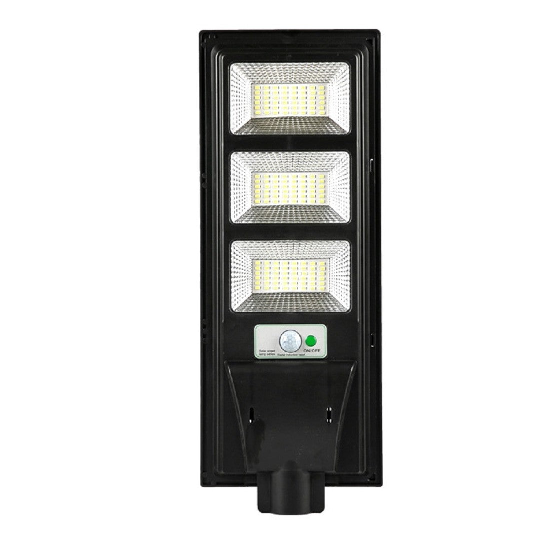 Lampa solara stradala Vivimall, cu telecomanda, senzor de miscare si lumina, suport prindere, 144 LED-uri, IP65, ABS, 8AH, 150W, temperatura culoare 6500K, 49.5x18.8x5 cm, F6006-150w, autonomie 10-12 ore, negru - vivimall.ro