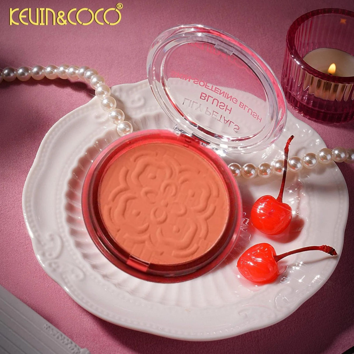 Fard de Obraz, Kevin&Coco, Blush Compact, Textura Fina, Pentru Toate Tipurile de Ten , 9.3 g, 7.5 x 7.5 x 2.1 cm, Model Fantasy, Roz/Apricot - vivimall.ro