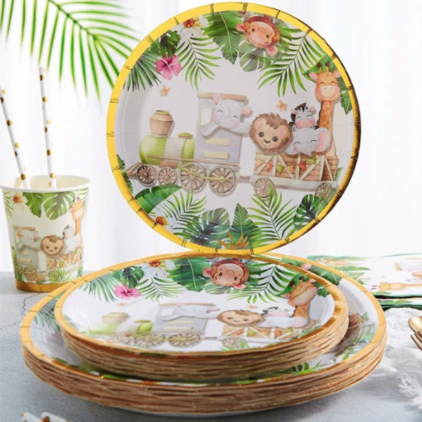 Farfurii Cartonate pentru Petreceri, Vivimall, Farfurii cartonate de unica Folosinta pentru Zile de Nastere, Model Safari cu animale, set 10 buc, Diametru 23 cm, Multicolor - vivimall.ro