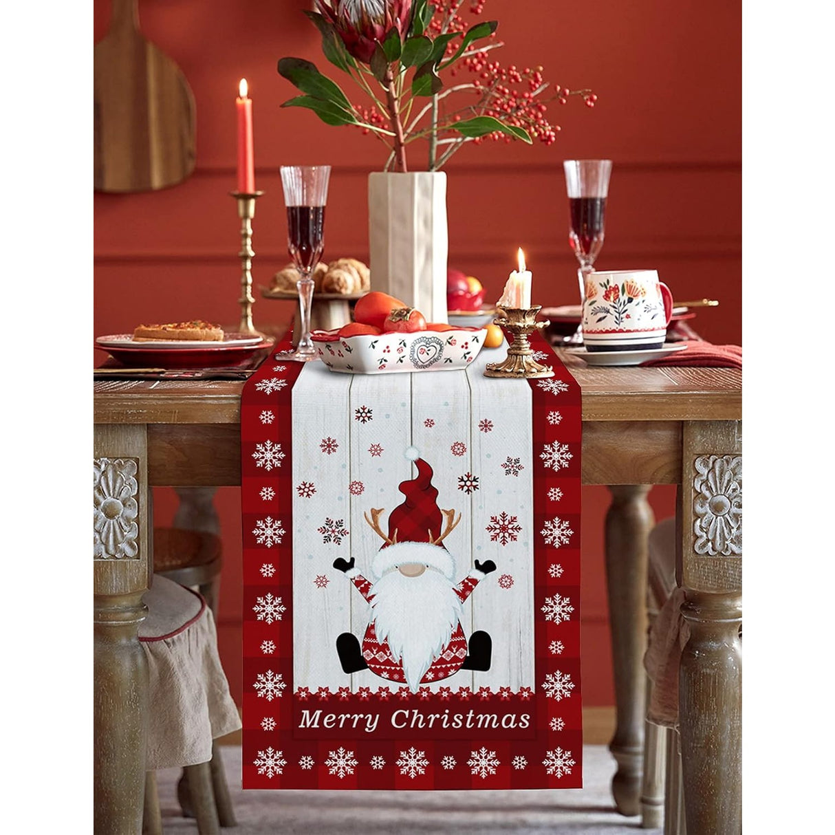 Fata de Masa Craciun, Vivimall, Model 1 Elfi si Reni, din Textil, 33x180cm, Alb/Rosu - vivimall.ro