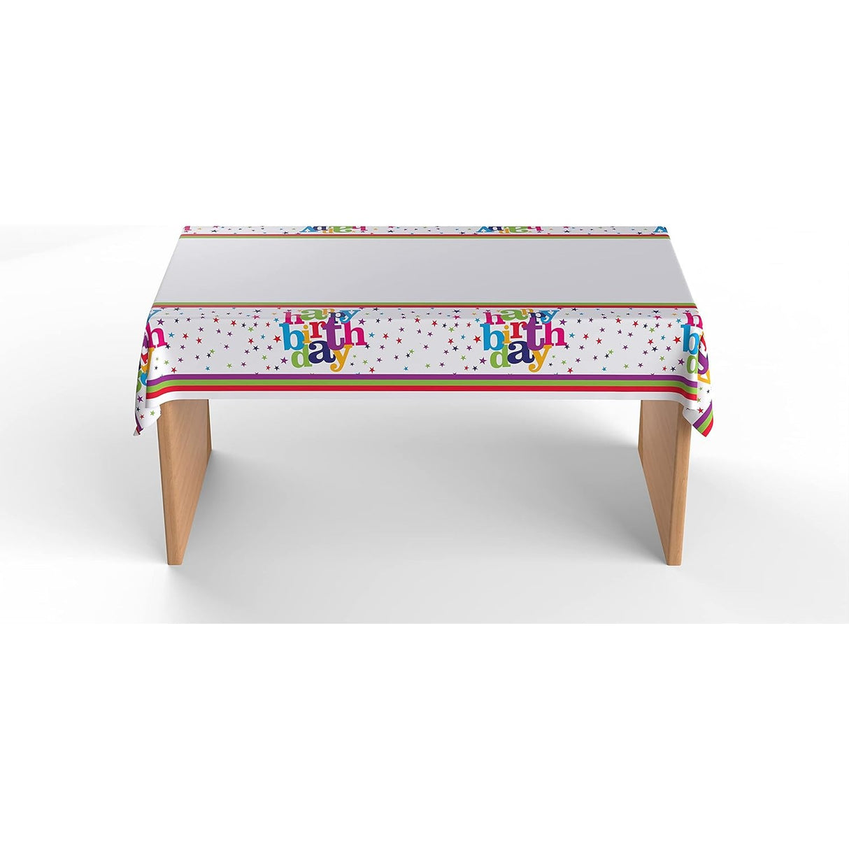 Față de masă Happy Birthday desfășurată pe masă, dimensiuni 180x108 cm, design festiv colorat