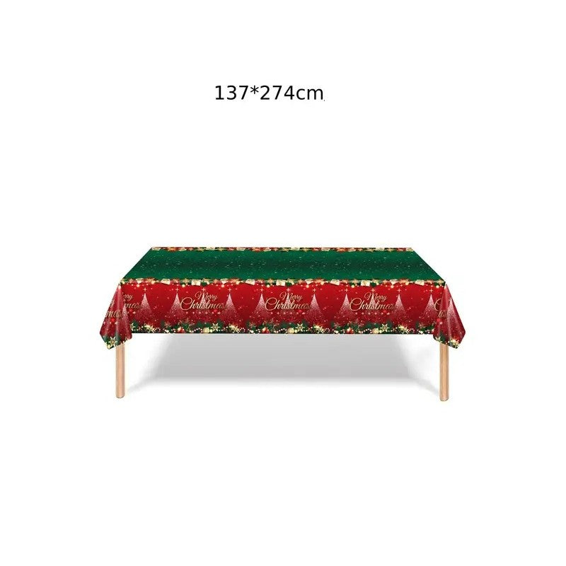 Fata de Masa Festiva, Vivimall, Dreptunghiulara, Imprimeu Merry Christmas, Tema Craciun, Rezistenta la Apa, din PVC, 137 x 274 cm, Rosu/Verde - vivimall.ro