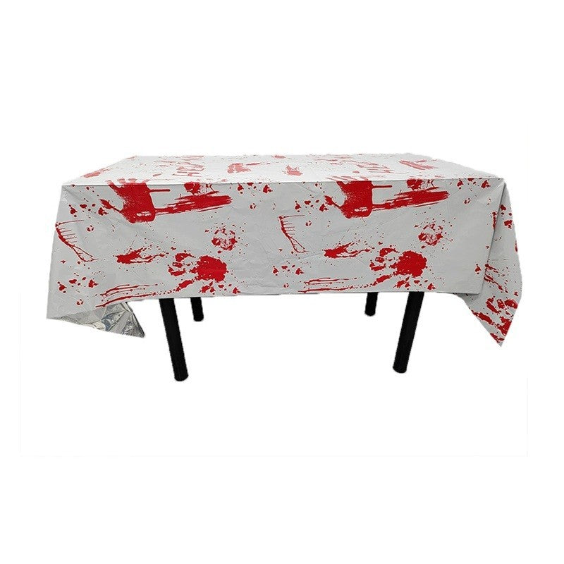 Fata de Masa, Vivimall, din Folie, Imprimeu Halloween - Help Me, 137 x 183 cm, Alb/Rosu - vivimall.ro