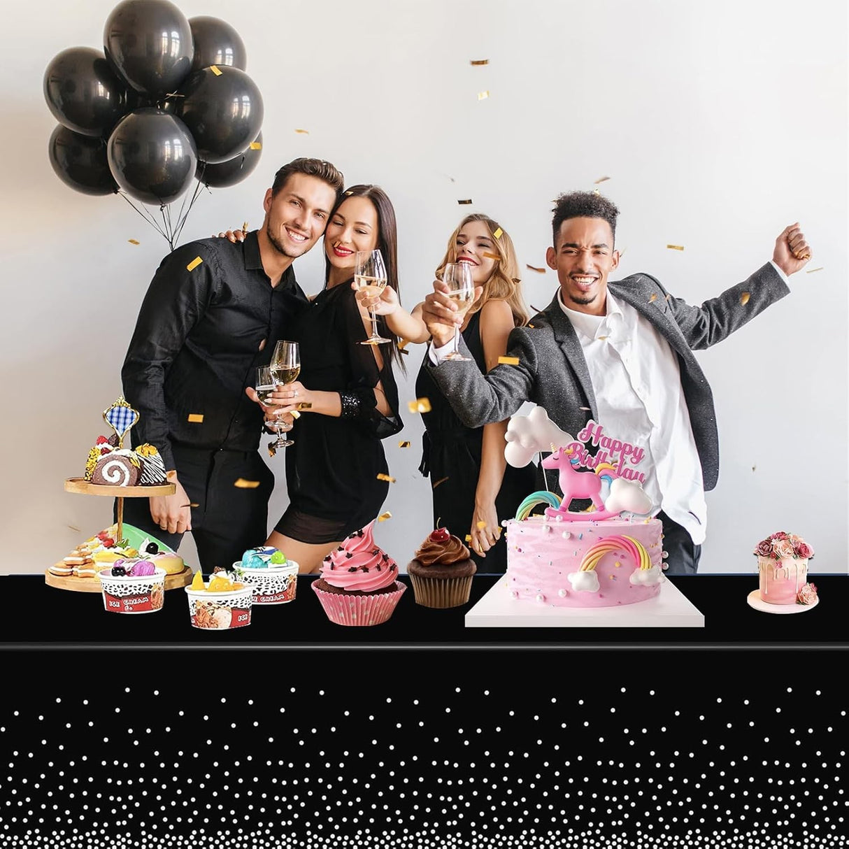 Fata de Masa, Vivimall, din PEVA, Imprimeu Buline Argintii, 137 x 274 cm, Impermeabila, Fara Pete, Curatare Rapida, Negru - vivimall.ro