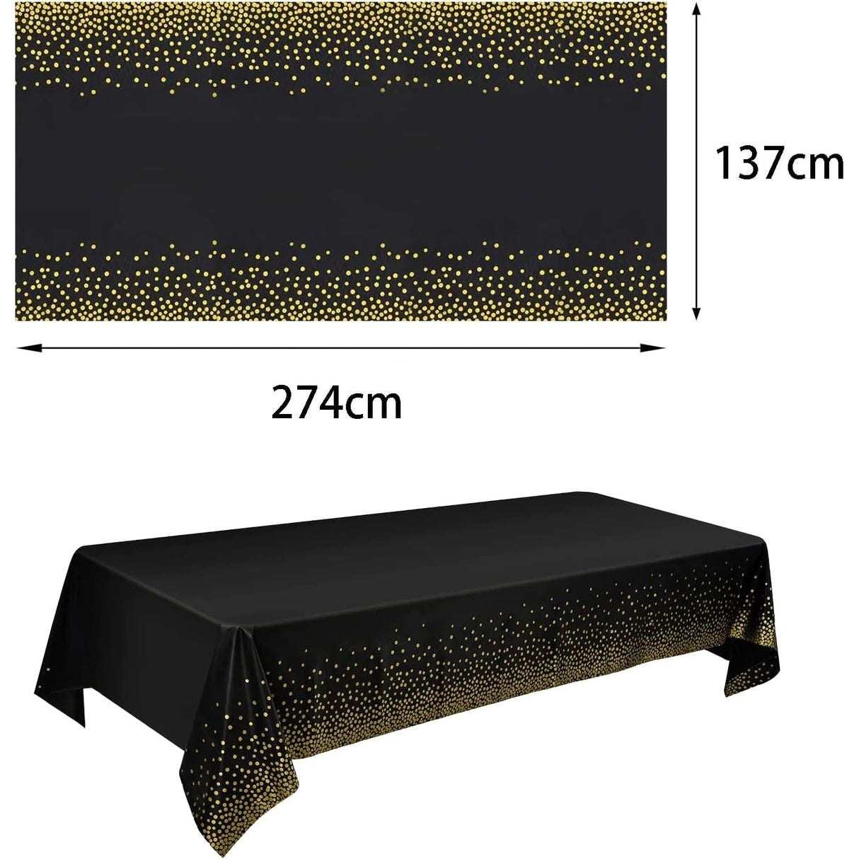 Fata de Masa, Vivimall, din PEVA, Imprimeu Buline Aurii, 137 x 274 cm, Impermeabila, Fara Pete, Curatare Rapida, Negru - vivimall.ro