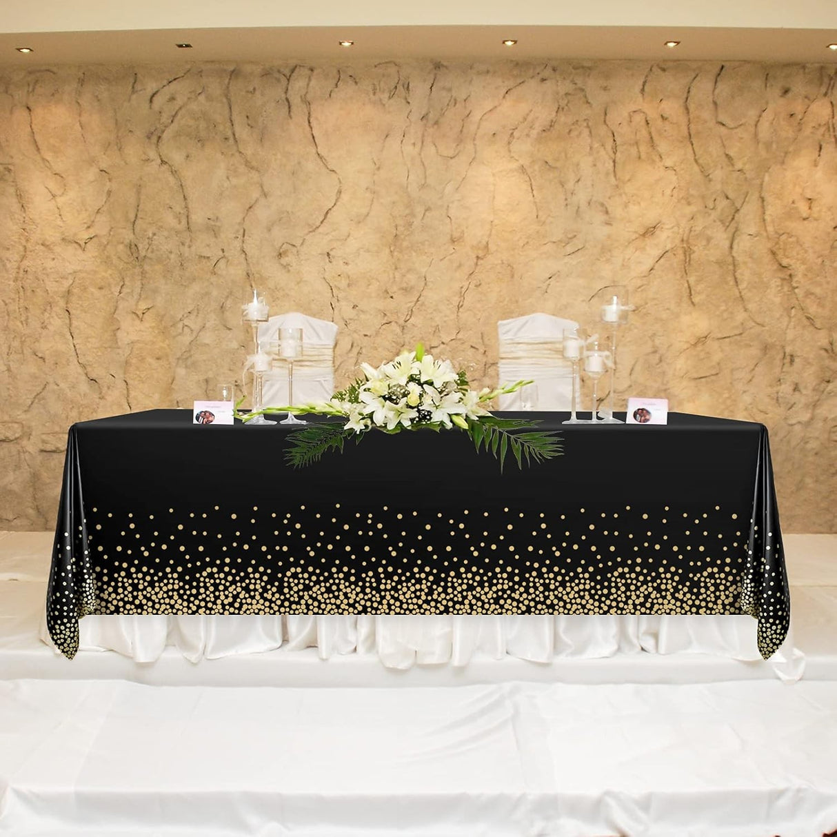 Fata de Masa, Vivimall, din PEVA, Imprimeu Buline Aurii, 137 x 274 cm, Impermeabila, Fara Pete, Curatare Rapida, Negru - vivimall.ro