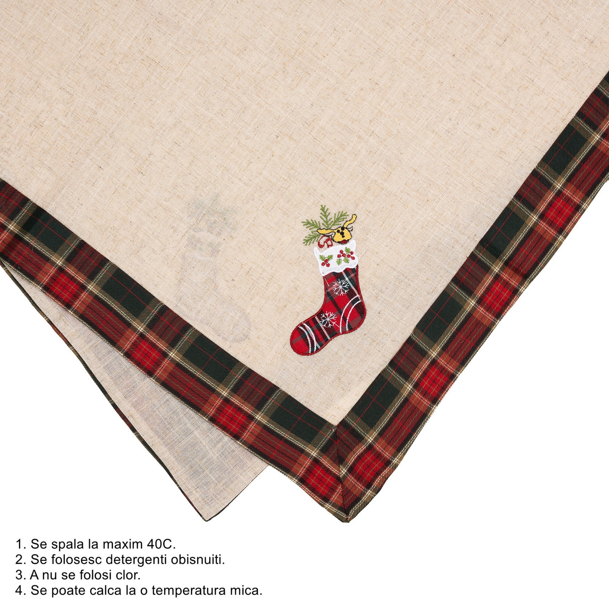 Fata de Masa Vivimall, Material In Brodat, cu Motive de Craciun Ghetute, 180 x 40 cm, Crem - vivimall.ro