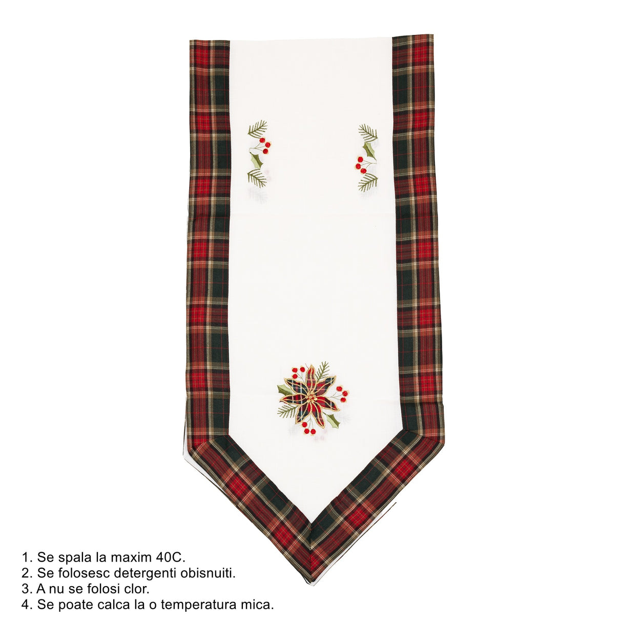 Fata de Masa Vivimall, Material In Brodat, cu Motive Florale de Craciun, 180 x 40 cm, Alb - vivimall.ro