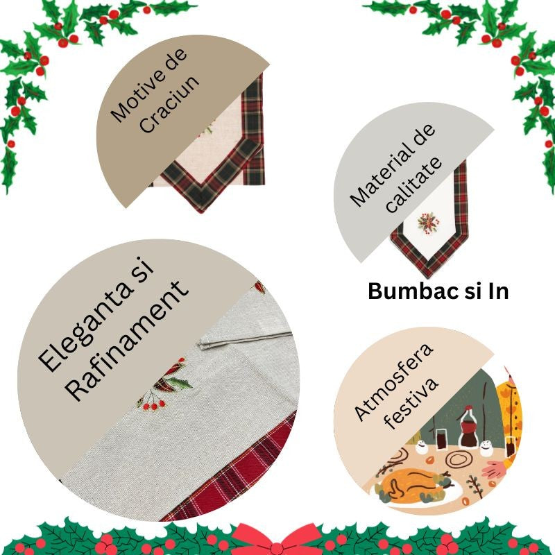 Fata de Masa Vivimall, Material In Brodat, cu Motive Florale de Craciun, 180 x 40 cm, Crem - vivimall.ro