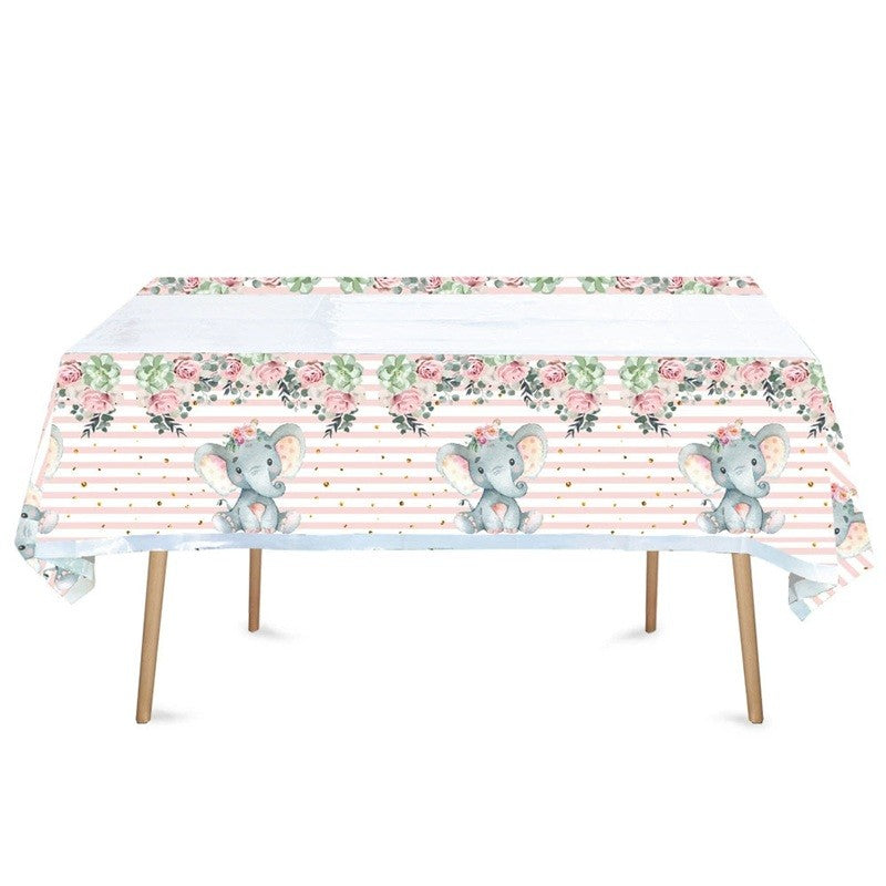 Fata de Masa, Vivimall, din Plastic, Imprimeu Elefanti, 180 x 108 cm, Roz - vivimall.ro