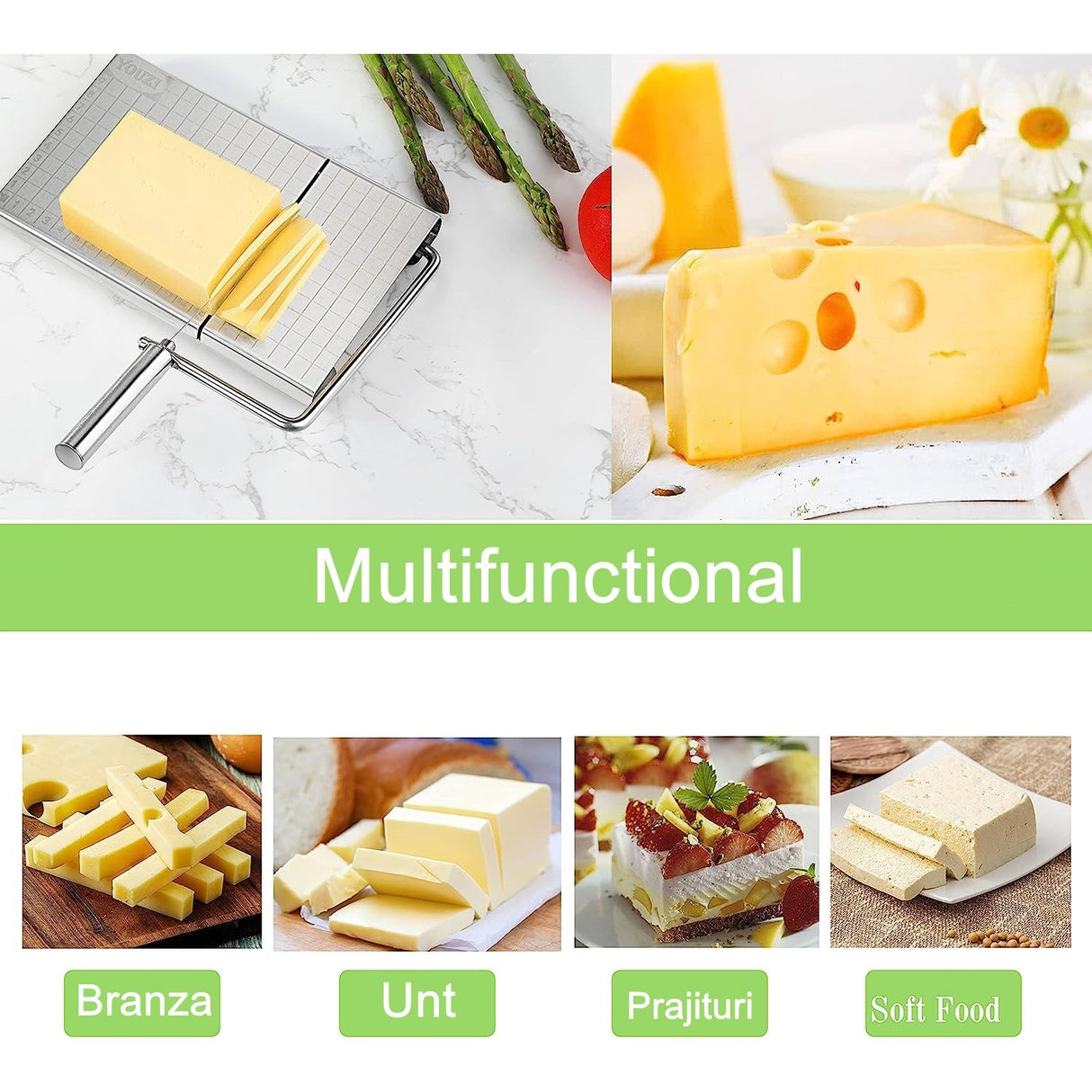 Feliator manual Vivimall, pentru cascaval, salam, prajituri, unt, din otel inoxidabil, usor de curatat si utilizat, 5 lame de schimb incluse, picioare antiderapante, 21 x 12.2 x 2.8 cm, argintiu - vivimall.ro