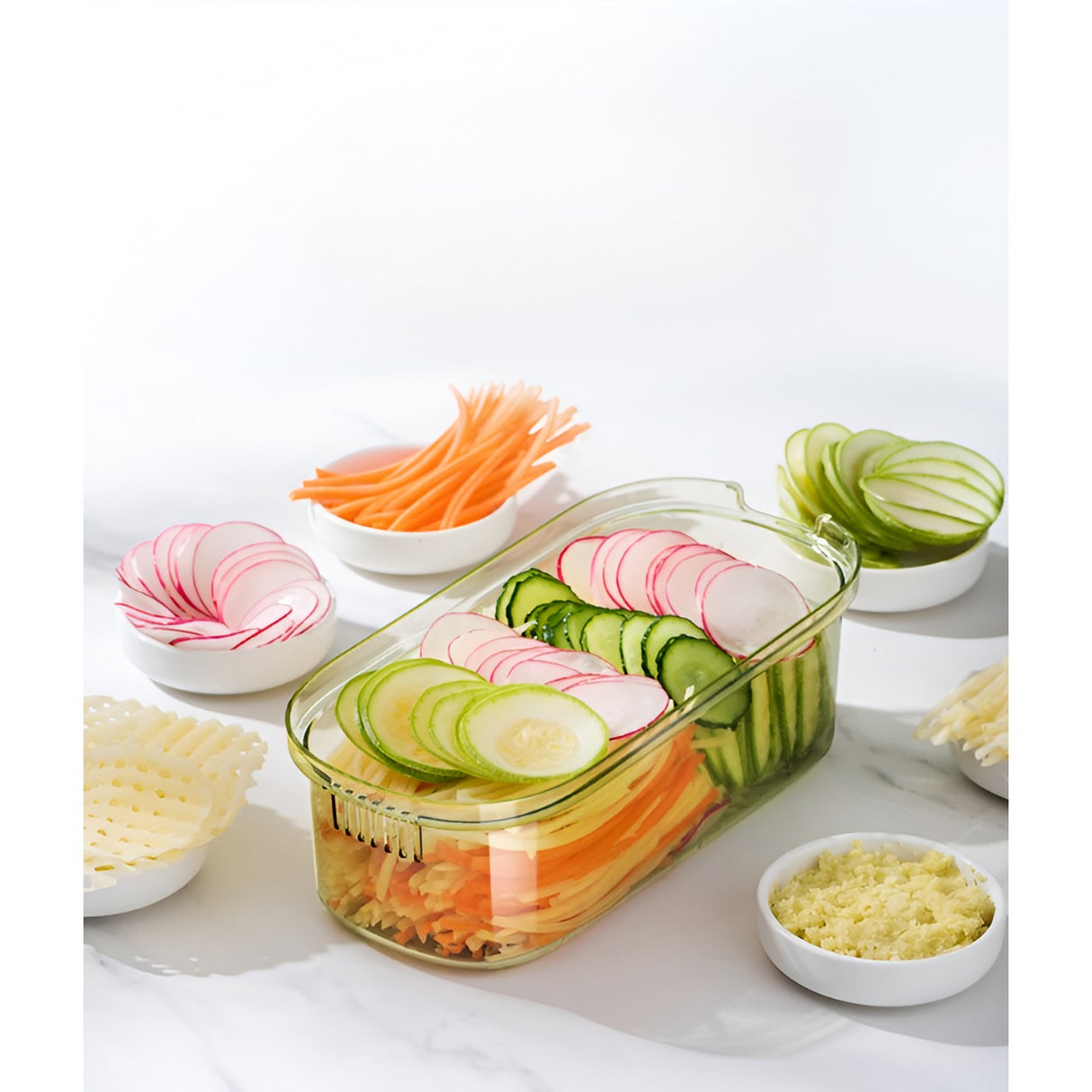 Feliator Multifunctional, Vivimall, 6 in 1, pentru Fructe si Legume, 9 Piese, Maner, Lame de Inox, Recipient Stocare, Protectie Mana, ABS, 35x12x9.4 cm, Verde - vivimall.ro