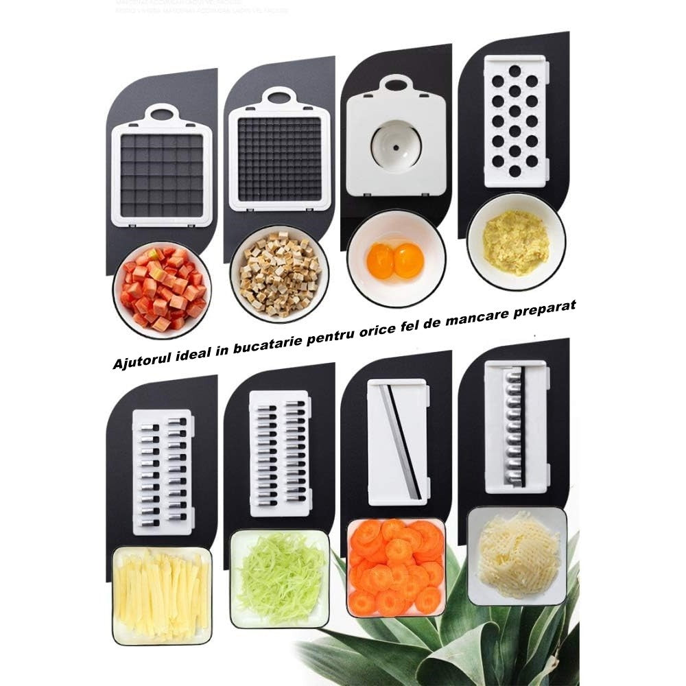 Feliator Multifunctional, Vivimall, Razatoare, 8 in 1, pentru Fructe si Legume, 10 Piese, Lame de Inox, Recipient Stocare, Separator Oua, Protectie Mana, ABS, 32.2x11.3 cm, Albastru/Alb - vivimall.ro