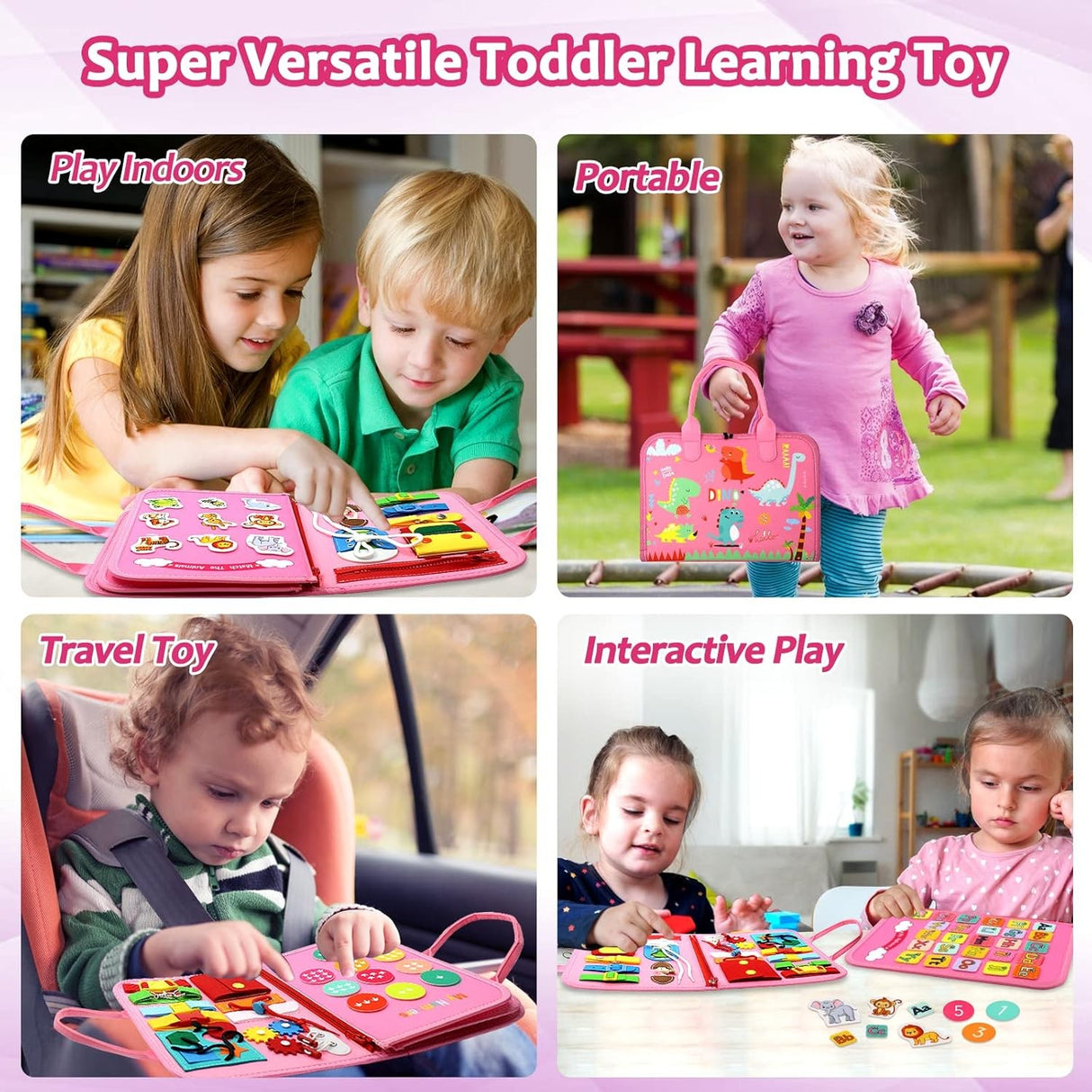 Carte Senzoriala Educativa Montessori 7in1, Vivimall, 26 de Activitati, Dezvoltare Abilitati Motorii, 4 Pagini, Model Dinozauri, 28x22x7 cm, Roz - vivimall.ro