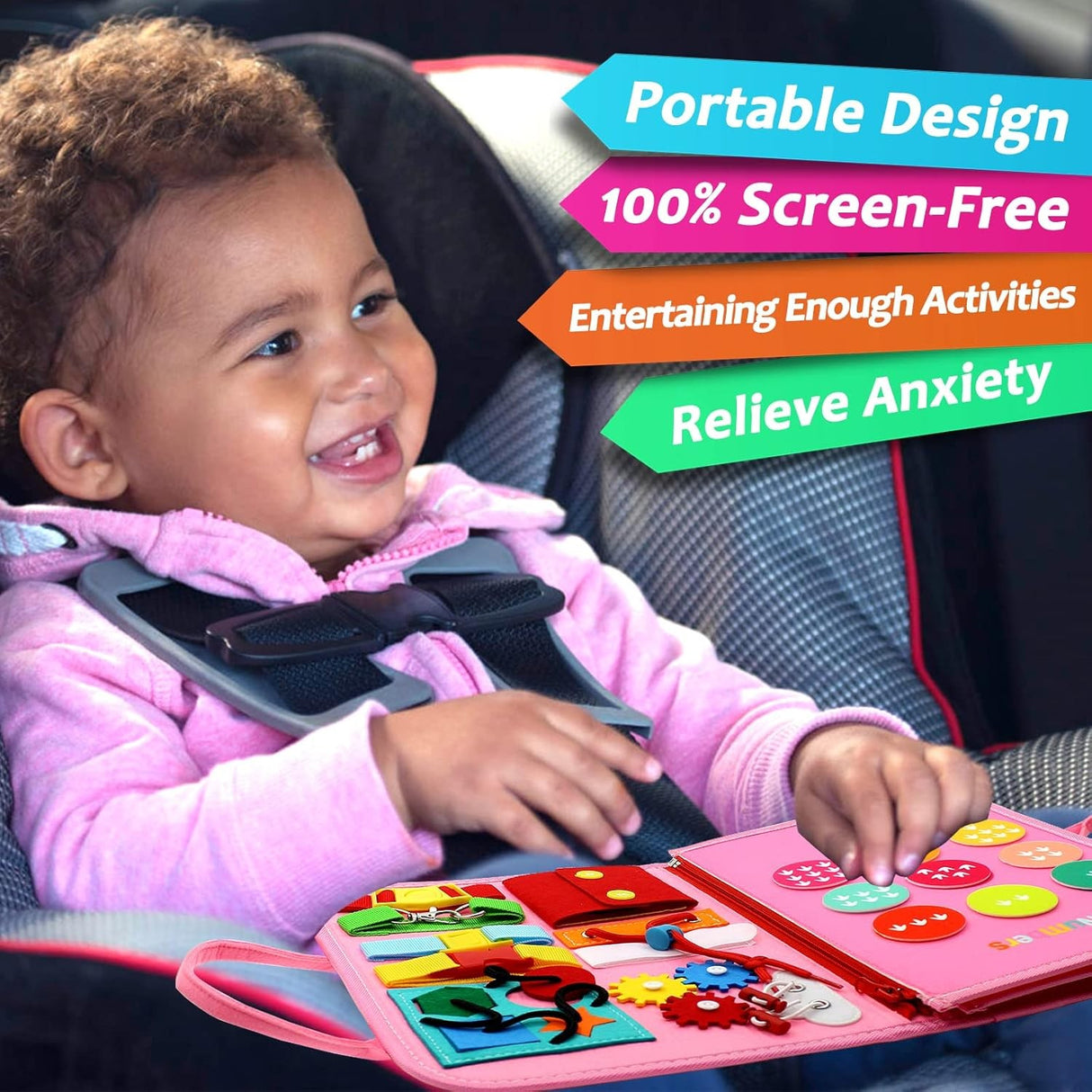 Carte Senzoriala Educativa Montessori 7in1, Vivimall, 26 de Activitati, Dezvoltare Abilitati Motorii, 4 Pagini, Model Dinozauri, 28x22x7 cm, Roz - vivimall.ro