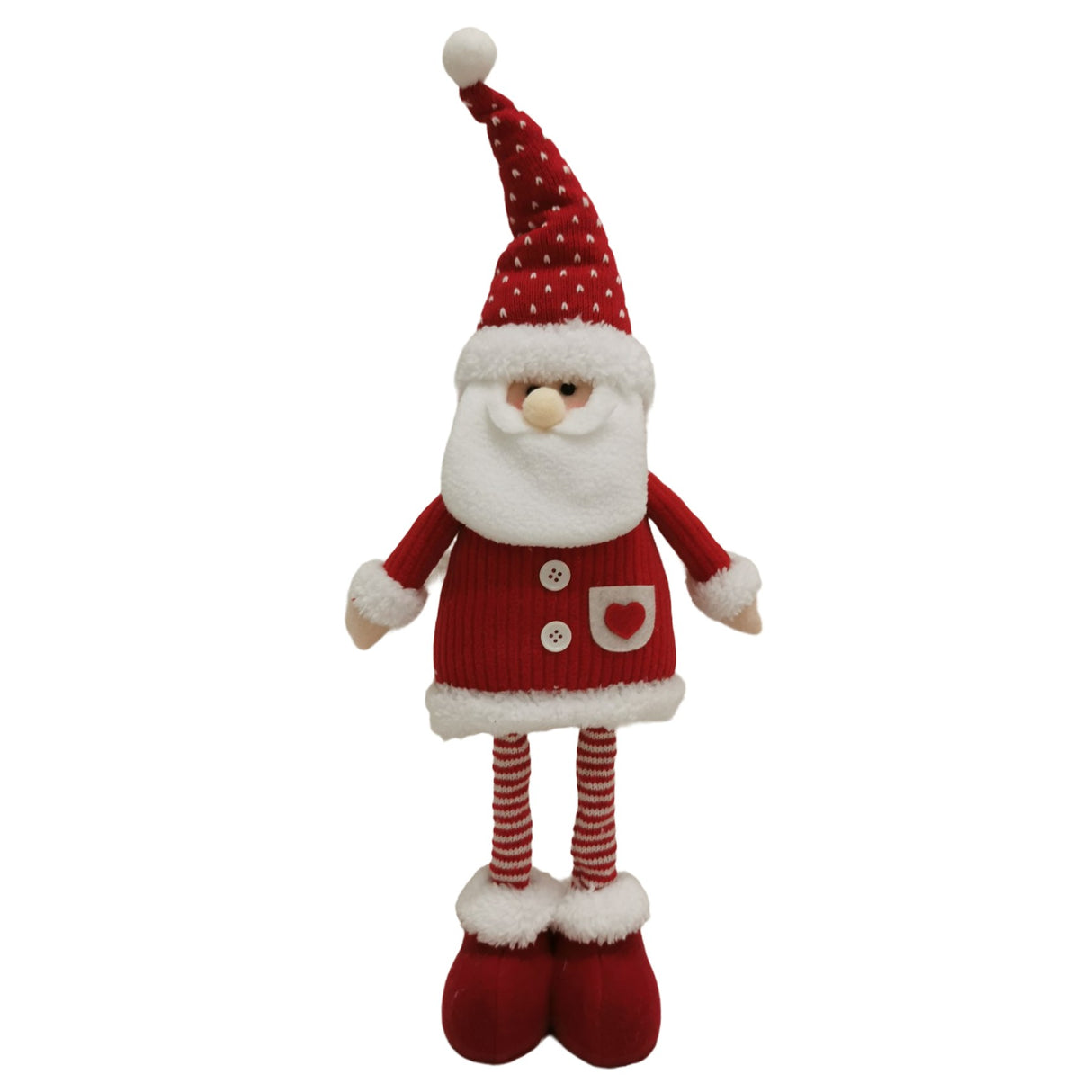 Figurina Decorativa, Pentru Craciun, Vivimall, Mos Craciun, Picioare Telescopice, Inaltime Reglabila 44-54cm, Caciula cu Inimioare, Alb/Rosu - vivimall.ro