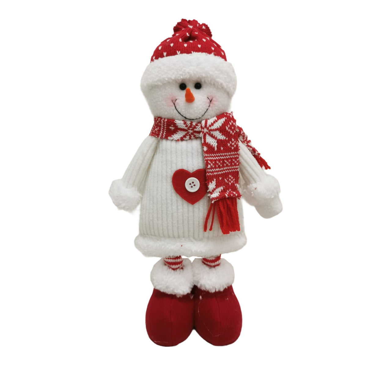 Figurina Decorativa, Pentru Craciun, Vivimall, Om de Zapada, Picioare Telescopice, Inaltime Reglabila 44-54cm, Caciula cu Inimioare, Alb/Rosu - vivimall.ro