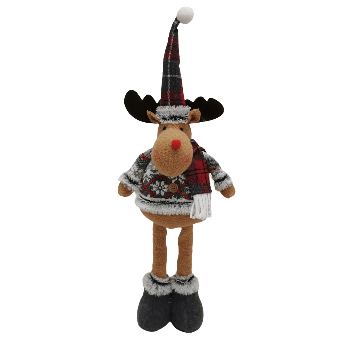 Figurina Decorativa, Pentru Craciun, Vivimall, Ren, Picioare Telescopice, Inaltime Reglabila 44-54cm, Bluza cu Fulgi, Rosu/Gri - vivimall.ro