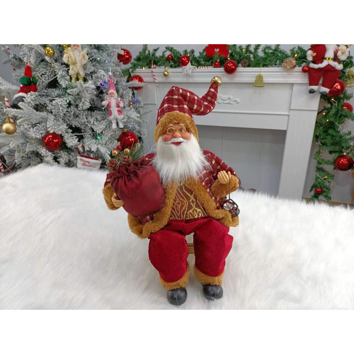 Figurina Decorativa Craciun, Vivimall, Mos Craciun Asezat cu Sac si Felinar, 35 x 18 x 20 cm, Material Plastic+Textil, Interior/Exterior, Rosu/Auriu, Resigilat - vivimall.ro