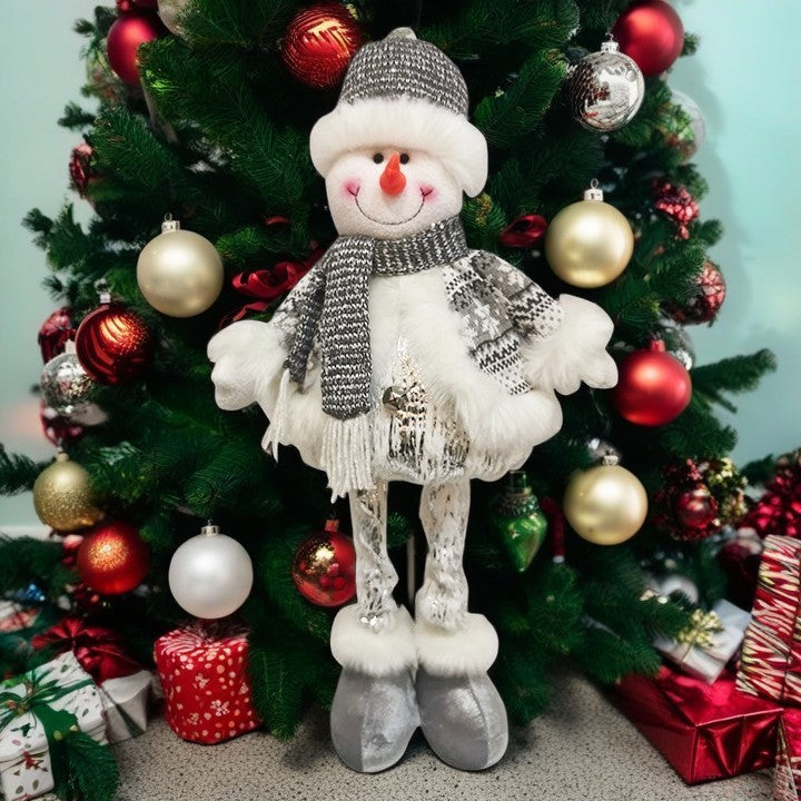 Figurina Decorativa, Pentru Craciun, Vivimall, Om de Zapada, Picioare Telescopice, Inaltime Reglabila 33- 70 cm, Pantaloni Luciosi, Alb/Argintiu - vivimall.ro