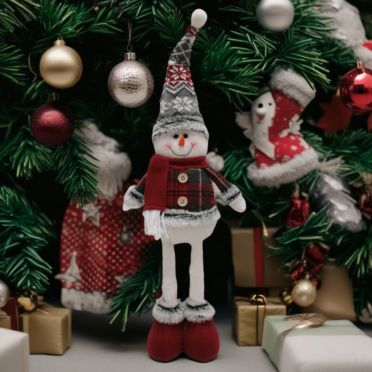 Figurina Decorativa, Pentru Craciun, Vivimall, Om de Zapada, Picioare Telescopice, Inaltime Reglabila 44-54cm, Caciula cu Fugi, Rosu/Gri - vivimall.ro