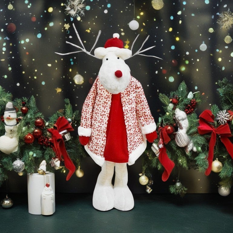 Figurina Decorativa, Pentru Craciun, Vivimall, Ren, Picioare Telescopice, Inaltime Reglabila 42 - 80 cm, cu Haina, Alb/Rosu - vivimall.ro