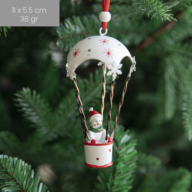 Figurina pentru Brad de Craciun, Flippy, Model Om de Zapada in Balon cu Aer Cald, Ornament pentru Brad, din Metal, 11 x 5.5 x 5.5 cm, Alb - vivimall.ro