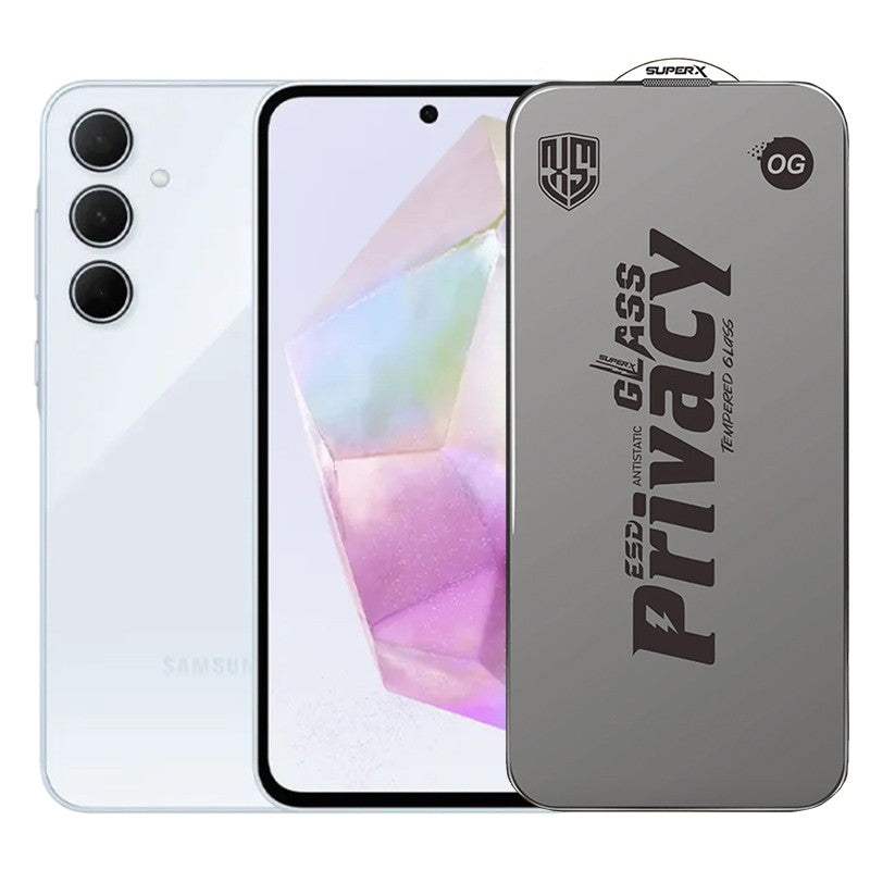 Folie de Protectie pentru Samsung Galaxy A35, Flippy, Sticla Securizata ESD Antistatica, Super-X Privacy OG, Margini Negre, 0.30 mm, Transparent Inchis - vivimall.ro
