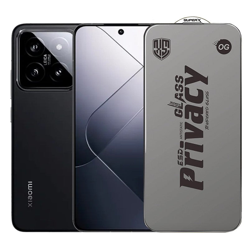 Folie de Protectie pentru Xiaomi 14, Vivimall, Sticla Securizata ESD Antistatica, Super-X Privacy OG, Margini Negre, 0.30 mm, Transparent Inchis - vivimall.ro