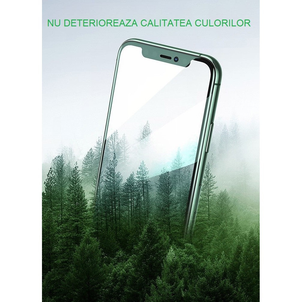 Folie de Sticla Securizata pentru Apple iPhone 15, Vivimall, Lumina Verde Anti-Blue Ray, Auto-Aplicare, Protectie Completa 9D, Verde - vivimall.ro