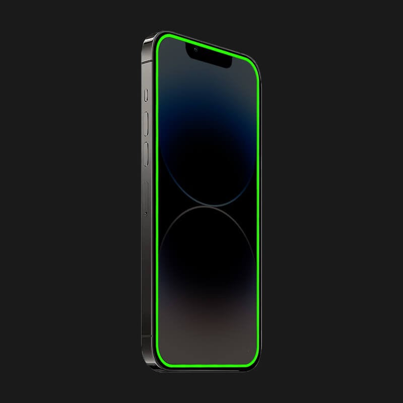 Folie de Sticla Securizata pentru Apple iPhone 15 Pro, Vivimall, Luminous, Margine Fosforescenta Neon din Silicon, Mat, Anti-Amprenta, Protectie Completa, 9H, Verde - vivimall.ro