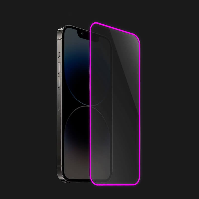 Folie de Sticla Securizata pentru Apple iPhone 15 Pro Max, Vivimall, Luminous, Margine Fosforescenta Neon din Silicon, Mat, Anti-Amprenta, Protectie Completa, 9H, Violet - vivimall.ro