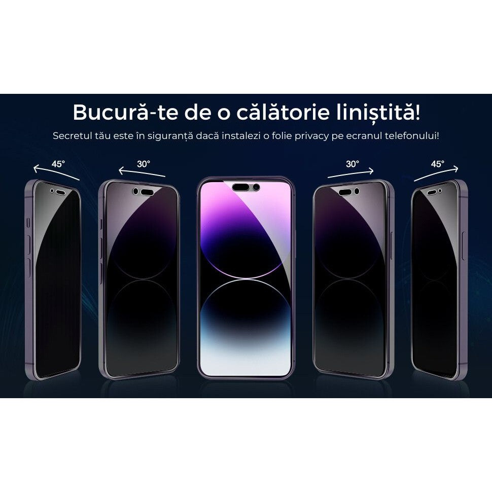 Folie Sticla Securizata, Vivimall, Pentru Apple iPhone 16 Pro, Privacy Classic, 2.5D, Confidentialitate 30°, Negru Transparent - vivimall.ro