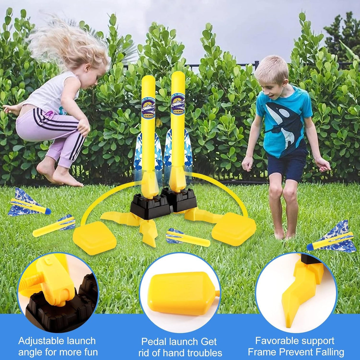 Jucarie pentru Copii, Vivimall, Lansator de Rachete cu Piciorul, Doua Lansatoare, 6 Rachete Fara Lumini, 45x18 cm, Galben - vivimall.ro