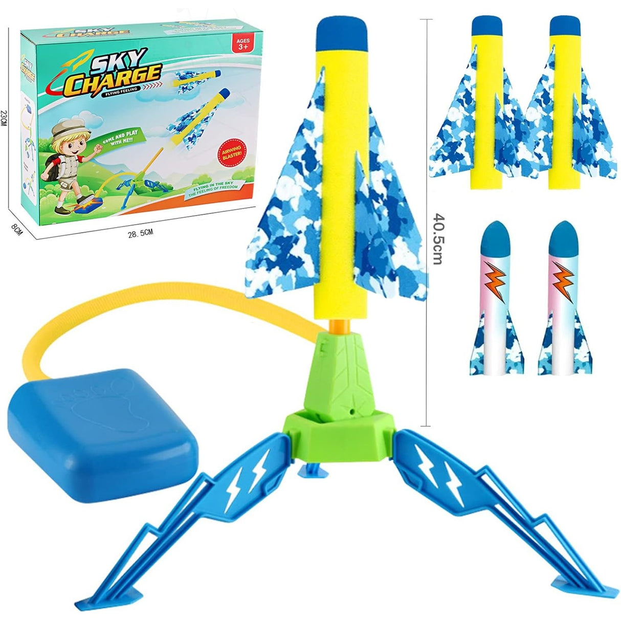 Jucarie pentru Copii, Vivimall, Lansator de Rachete cu Piciorul, un Singur Lansator, 4 Rachete Fara Lumini, 40.5 cm Inaltime, Multicolor - vivimall.ro