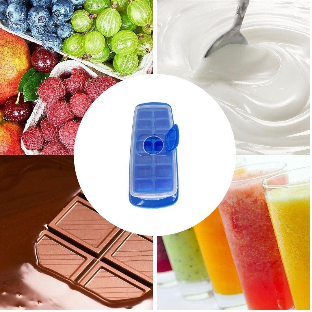 Forma pentru cuburi de gheata Vivimall, 14 cuburi, reutilizabil, plastic alimentar, cu capac, orificiu umplere, dreptunghiulara, 29.5 x 12.5 x4 cm, albastru - vivimall.ro